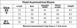 Size chart for asymmetric plaid blazer showing measurements for XS, S, M, and L sizes
