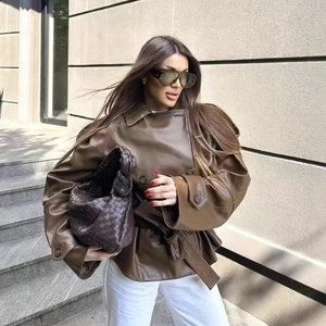 Trench-coat Vintage en Similicuir pour Femmes Double Boutonnage Coupe-vent Court Avec Ceinture Marron Cuir PU Manches Longues