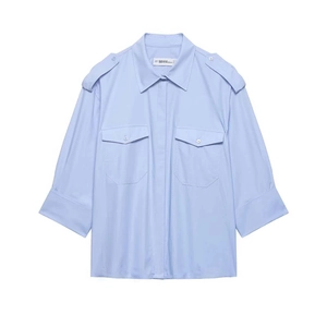 Chemise Utilitaire Décontractée pour Femmes Bleu Clair Avec Épaulettes Poches Chemisier à Manches Longues pour Bureau Quotidien