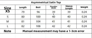 Size chart detail for asymmetric satin blouse showing bust, length, and shoulder measures