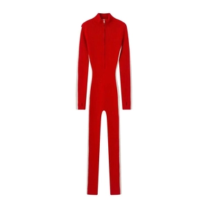Tuta Intera Donna in Maglia a Costine Manica Lunga Mezza Cerniera Bodycon Catsuit Con Fori per il Pollice Strisce Laterali