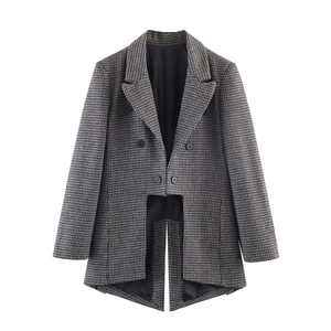 Classic houndstooth plaid blazer with asymmetrical swallowtail hem and four-button closure
