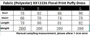 Guide des tailles pour robe bouffante fleurie XX12236 avec mesures de XS à L en cm