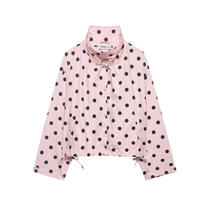 Pink polka dot long sleeve jacket with high collar and adjustable drawstrings