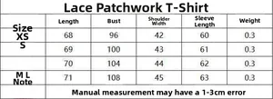 Detailed size guide for the spliced lace long sleeve T-shirt with measurements in centimeters