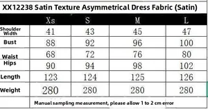 Tableau des tailles pour robe midi satinée asymétrique avec mesures de XS à L