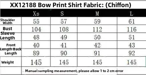 Detailed size chart for retro floral chiffon shirt showing measurements in XS to L