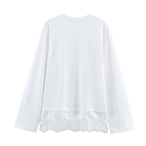 White long-sleeve crewneck top featuring elegant lace hem patchwork in a layered style