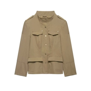 Women's Casual Khaki Utility Jacket Stand Collar Long Sleeve Outwear Solid Color Slim Fit Field Jacket With Pockets Epaulettes