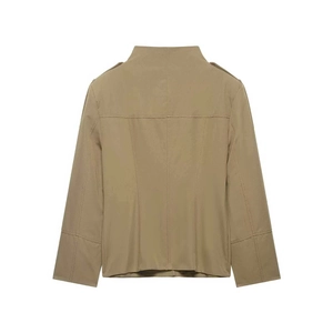 Rear view of khaki short utility jacket for women with high stand collar and epaulettes