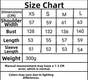 Detailed size chart for long sleeve polka dot jacket with shoulder and chest measurements