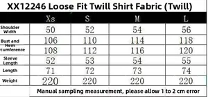 Detailed size chart for the loose red poplin shirt showing shoulder and bust measurements