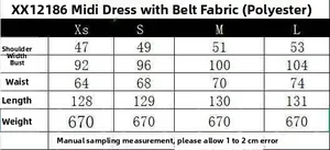 Detailed size chart for brown sleeveless midi dress including shoulder and bust measurements