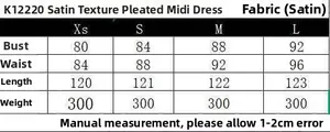 Detailed size chart for satin pleated midi dress featuring measurements from XS to L