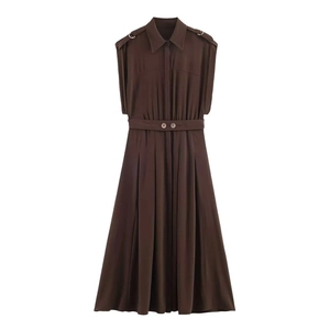 Women's Elegant Coffee Sleeveless Shirt Dress With Belt Midi Length Turn Down Collar Utility Style Pleated Hem Dress