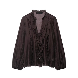 Elegant chocolate brown chiffon blouse with tiered ruffles and V-neckline for women