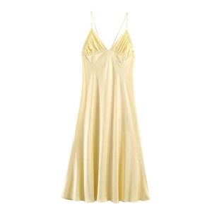 Women Sexy Satin Ruched Midi Dress V Neck Spaghetti Straps Summer Sleeveless Party Solid Color Backless Dress