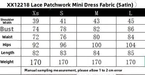 Tableau des tailles détaillé pour la mini robe en satin avec dentelle du XS au L