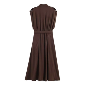 Deep brown sleeveless shirt dress with epaulettes and waist belt in a minimal A-line style