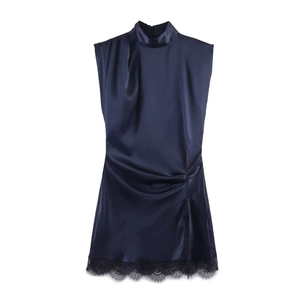 Robe Mini Femme Élégante Bleu Marine en Satin Sans Manches Col Montant Patchwork Dentelle Moulante Robe de Soirée Été