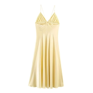 Pale yellow satin midi dress with lace V-neck and criss-cross strappy back detail