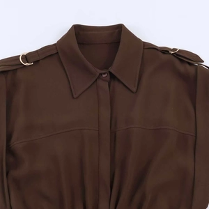 Minimalist coffee brown sleeveless shirt dress with lapel collar and shoulder ring details