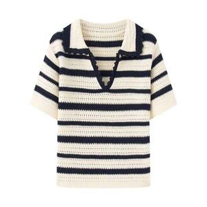 Women's Striped Polo Knit Top V-Neck Short Sleeve Crochet Hollow Out Contrast Striped Pullover Casual Vintage Sweater