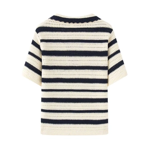 Navy and cream striped hollow knit short sleeve top with V-neck and ribbed edges