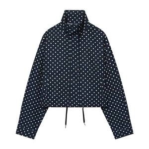 Fashionable navy blue polka dot long sleeve jacket with high collar and drawstring hem
