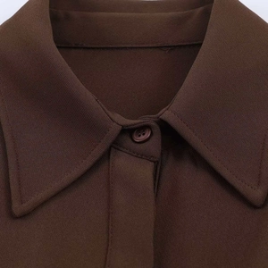 Detail shot of a brown sleeveless dress featuring a classic collar and matching button