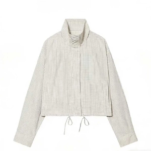 Veste courte à carreaux minimaliste avec col montant et cordon de serrage réglable