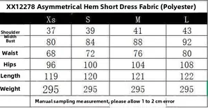 Size chart for asymmetric hem short dress with shoulder, bust, and waist measurements