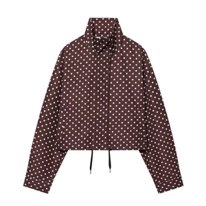 Women's brown polka dot jacket with high collar and adjustable drawstring hemline