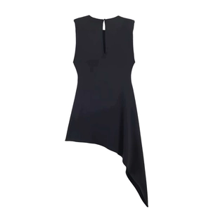Women's minimalist black sleeveless dress with a unique asymmetric hemline for summer