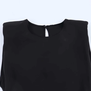 Sleeveless black mini dress with shoulder pads and asymmetric hem for women