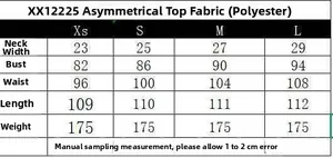 Detailed size chart for asymmetric halter top with measurements in cm for sizes XS to L