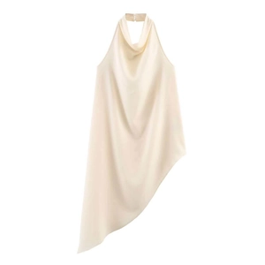 Women Sexy Asymmetric Halter Top Satin Draped Neck Sleeveless Backless Apricot Summer Fashion Commuter Tank Top