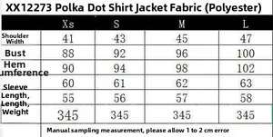 Detailed size chart for vintage polka dot tie-neck blouse set with measurements for XS to L