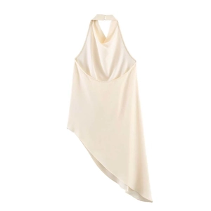 Asymmetrical halter neck top in champagne satin with a stylish minimalist cutout design