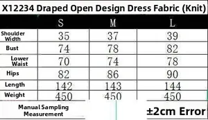 Detailed size chart for women's knit maxi dress with shoulder and chest measurements