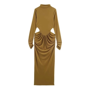 Women Sexy Long Sleeve Mock Neck Cut Out Ruched Bodycon Maxi Dress Solid Elegant Draped Evening Party Club Long Dress