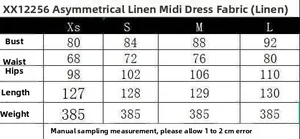 Size guide for asymmetric midi linen dress with bust waist and hip measurements