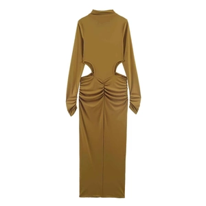 Mustard yellow long sleeve dress with cutout waist and ruched back design details