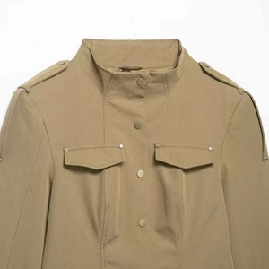 Classic khaki utility jacket for women with a stand collar and buttoned cargo pockets