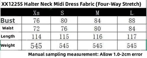 Size chart for halter midi dress showing measurements for XS, S, M, and L sizes