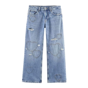 Jean en Denim Taille Haute Décontracté pour Femme Cœur Déchiré Bleu Clair Lavé Jambe Droite Bord Franc Pantalon