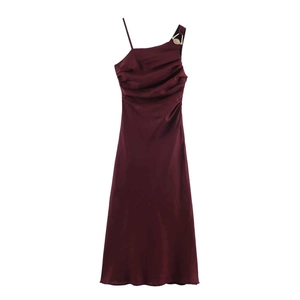Women Asymmetric One Shoulder Midi Dress Elegant Pleated Linen Blend Wine Red Party Dress With Metal Buckle Decoration