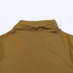 Olive brown mock neck knit dress with refined vertical texture and slimming slit design