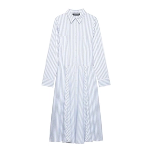 Women Elegant Blue White Vertical Striped Long Sleeve Shirt Midi Dress Pleated A-Line Single Breasted Casual Office Fashion Dress