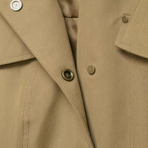 Detailed khaki stand collar utility jacket with premium twill fabric and bronze snap buttons